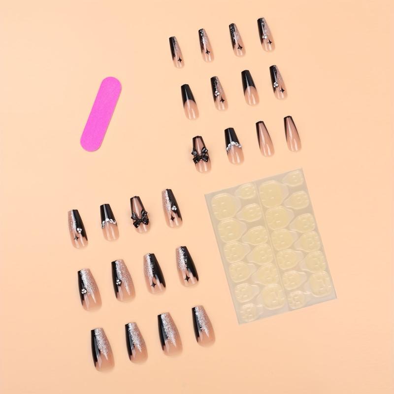 24pcs Rhinestone French Ballet Nails Full Cover Acrylic Tips for Halloween