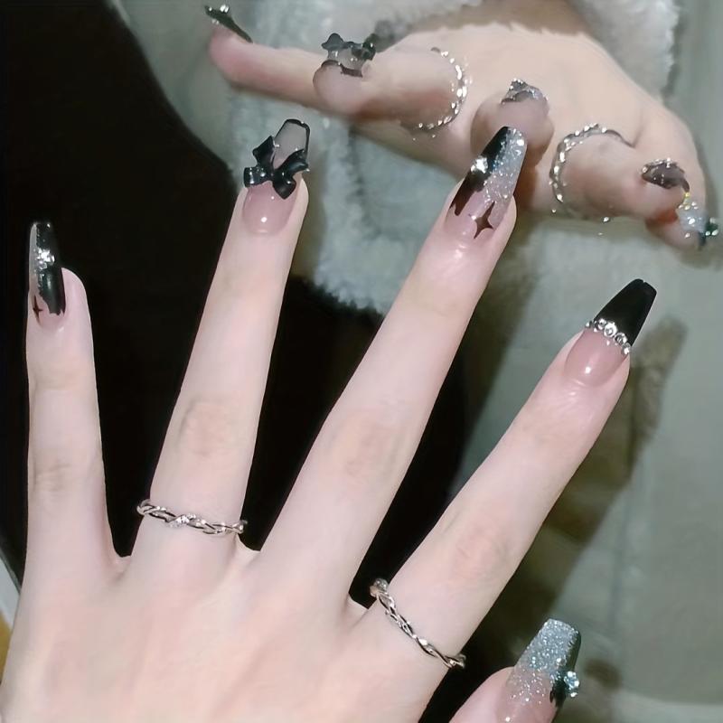 24pcs Rhinestone French Ballet Nails Full Cover Acrylic Tips for Halloween