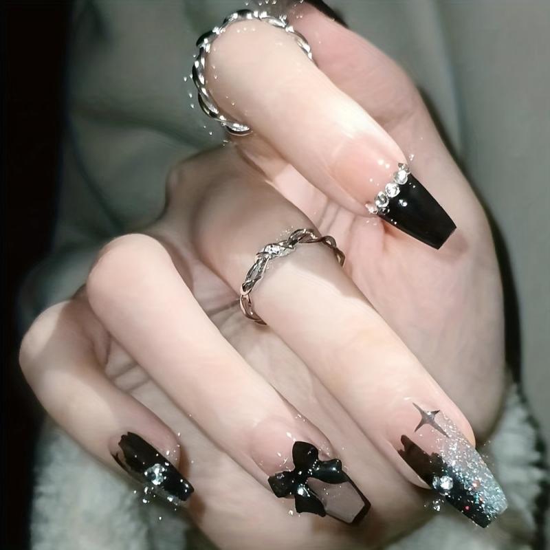 24pcs Rhinestone French Ballet Nails Full Cover Acrylic Tips for Halloween