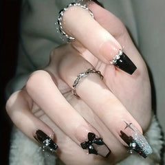 24pcs Rhinestone French Ballet Nails Full Cover Acrylic Tips for Halloween