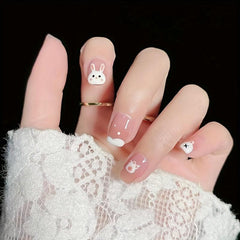 Y2K Pink Press On Nails with Rabbit, Acrylic False Nails for Women
