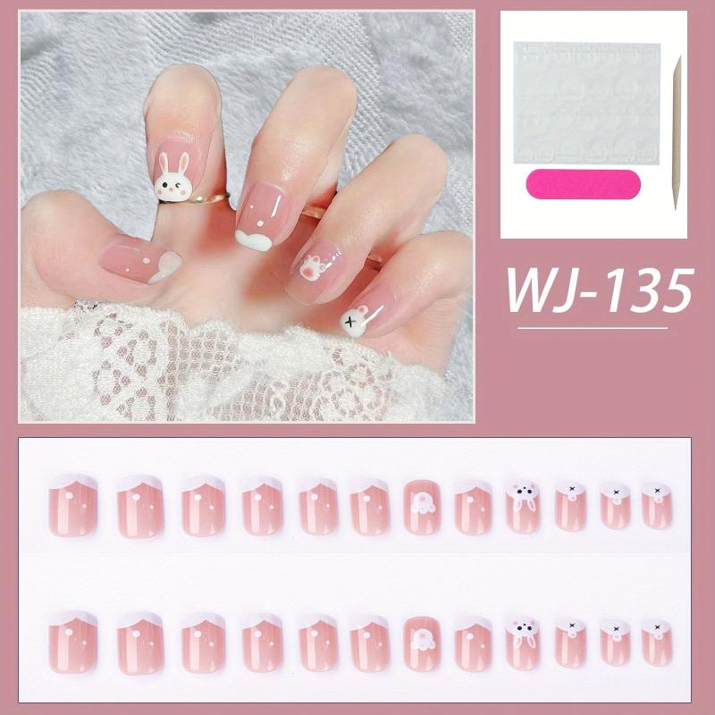 Y2K Pink Press On Nails with Rabbit, Acrylic False Nails for Women
