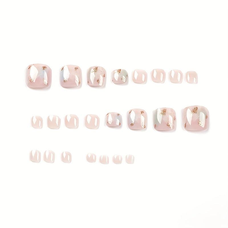 24pcs Green Pink Acrylic Toenails Golden Foil Designs False Nails