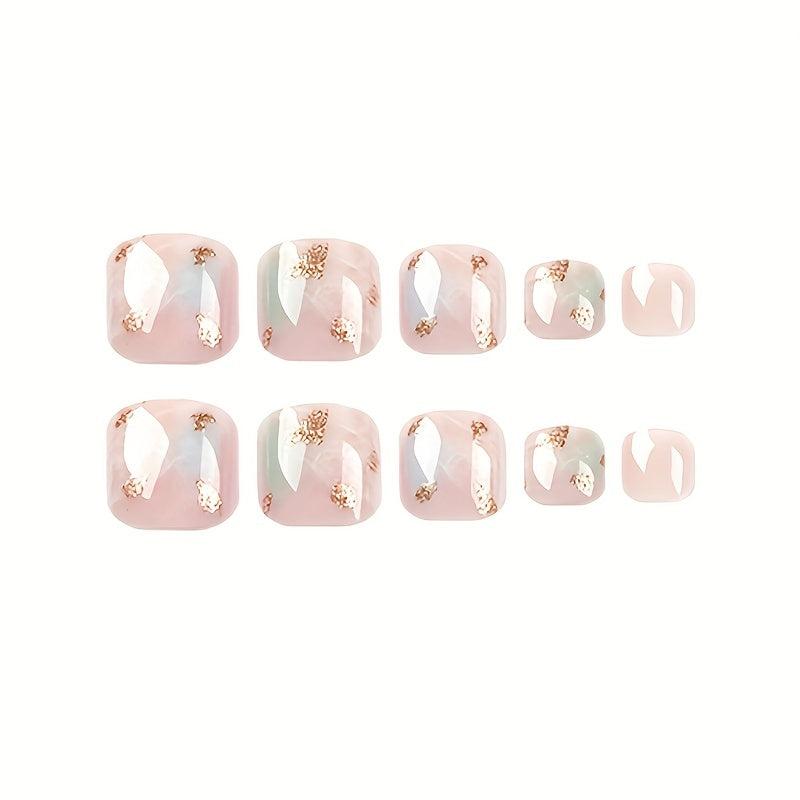 24pcs Green Pink Acrylic Toenails Golden Foil Designs False Nails