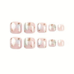 24pcs Green Pink Acrylic Toenails Golden Foil Designs False Nails