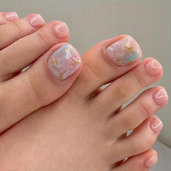 24pcs Green Pink Acrylic Toenails Golden Foil Designs False Nails