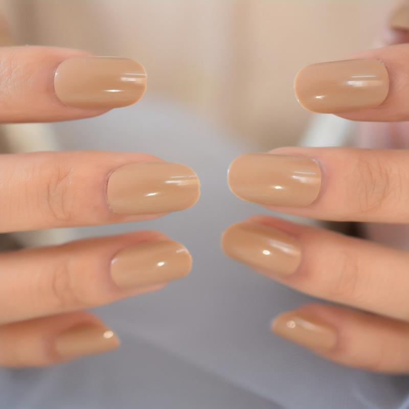24pcs Medium Squoval Brown Glossy False Nails + Glue Sticker