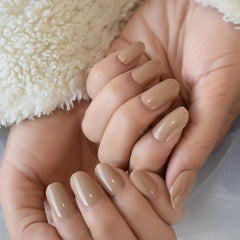 24pcs Medium Squoval Brown Glossy False Nails + Glue Sticker