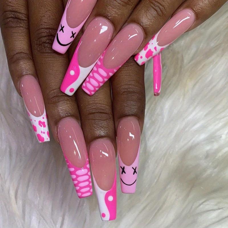24Pcs Pink Cow TaiChi Press On Nails DIY Manicure Nail Decor