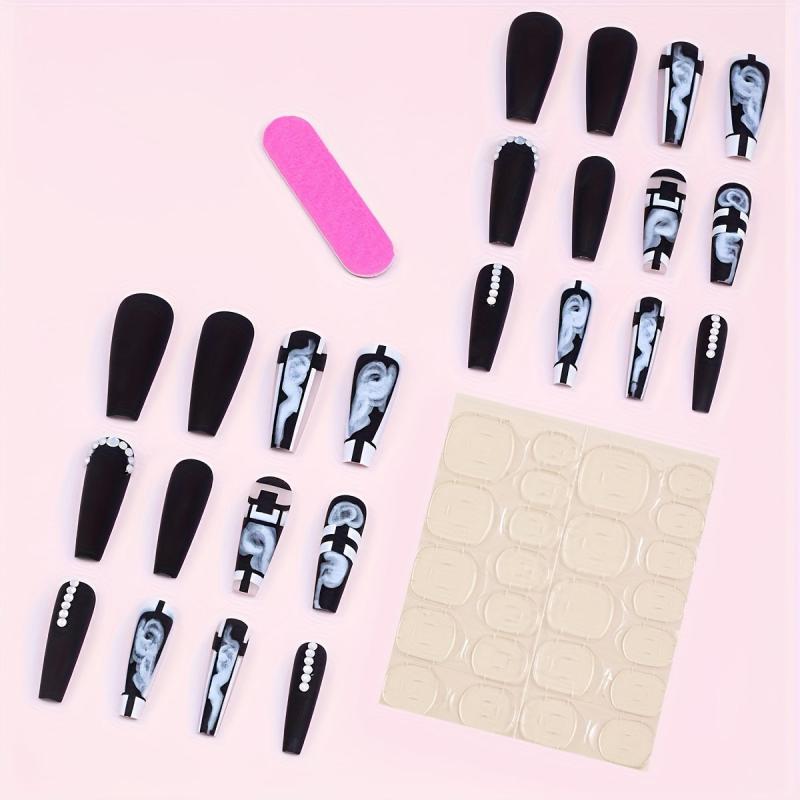 24pcs Plaid Ballerina Press On Nails with Rhinestones Long Length False Nails