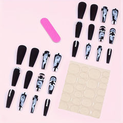 24pcs Plaid Ballerina Press On Nails with Rhinestones Long Length False Nails