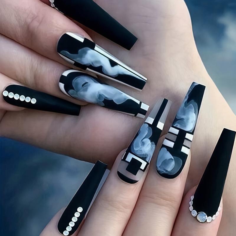 24pcs Plaid Ballerina Press On Nails with Rhinestones Long Length False Nails