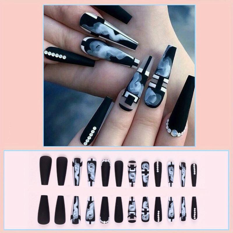 24pcs Plaid Ballerina Press On Nails with Rhinestones Long Length False Nails