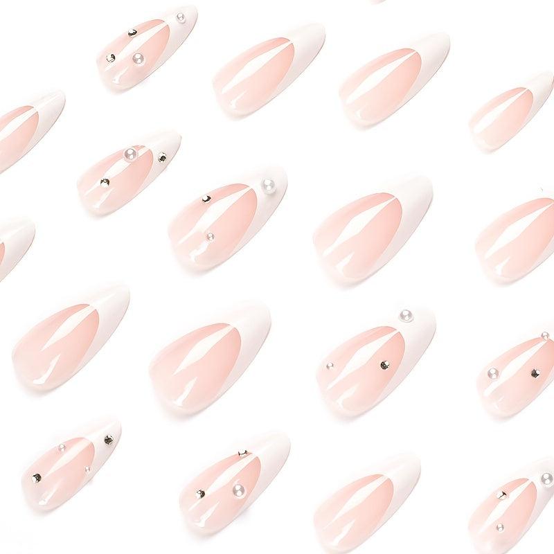 24pcs Pearl Rhinestone French Tip Press On Nails Medium Almond Size