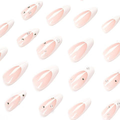 24pcs Pearl Rhinestone French Tip Press On Nails Medium Almond Size