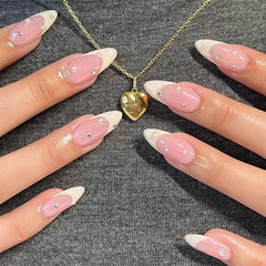 24pcs Pearl Rhinestone French Tip Press On Nails Medium Almond Size
