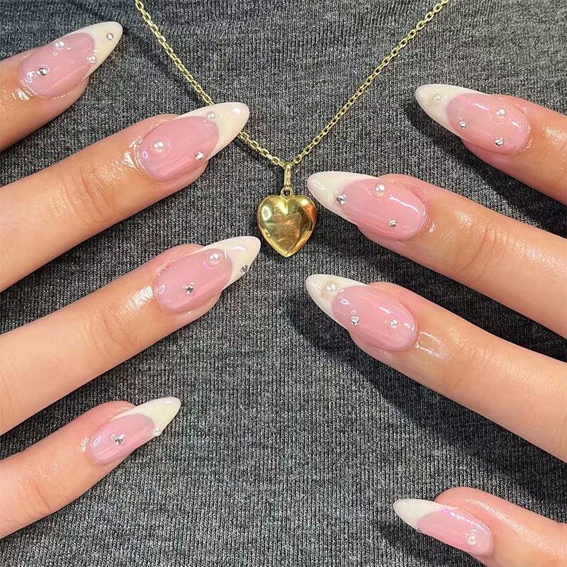 24pcs Pearl Rhinestone French Tip Press On Nails Medium Almond Size