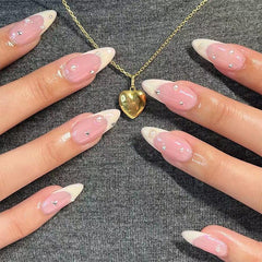 24pcs Pearl Rhinestone French Tip Press On Nails Medium Almond Size