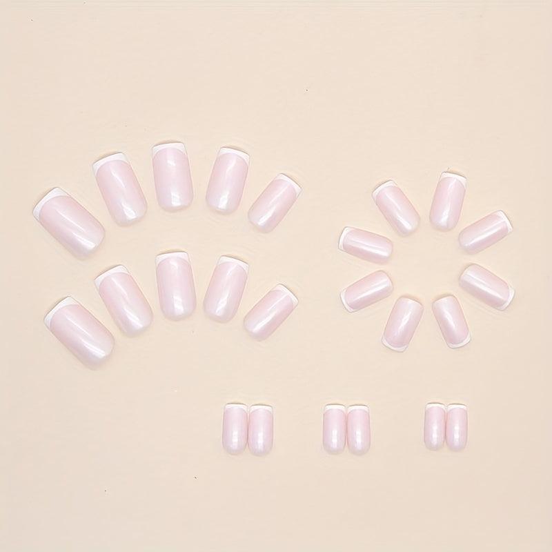 French Tip Press On Nails Medium Nude Pink Square Glue On Stick On Summer Y2K