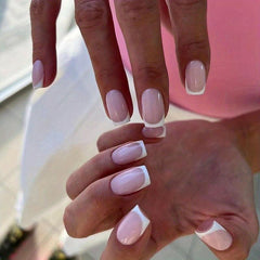 French Tip Press On Nails Medium Nude Pink Square Glue On Stick On Summer Y2K