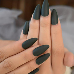 Matte Medium Almond False Nails Solid Green for Daily Wear