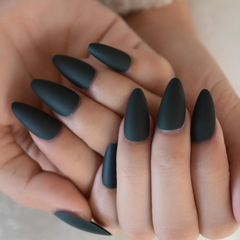 Matte Medium Almond False Nails Solid Green for Daily Wear