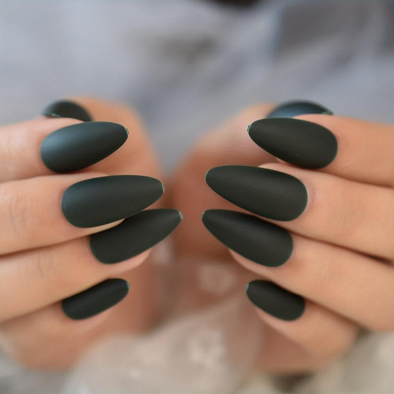 Matte Medium Almond False Nails Solid Green for Daily Wear