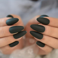 Matte Medium Almond False Nails Solid Green for Daily Wear