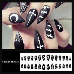 Matte Stiletto Press On Nails with Spider Web and Moon Designs
