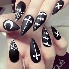 Matte Stiletto Press On Nails with Spider Web and Moon Designs