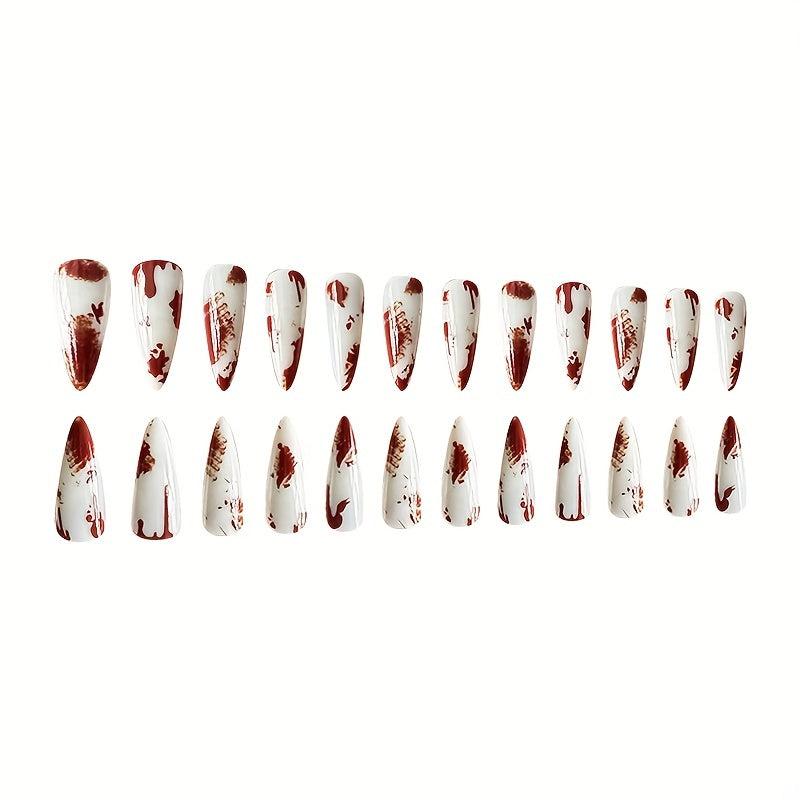 24pcs Glossy Halloween Press On Nails Red Blood Full Cover Long Stilet