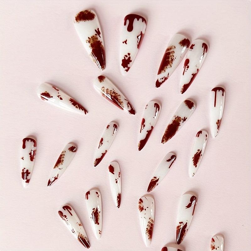 24pcs Glossy Halloween Press On Nails Red Blood Full Cover Long Stilet