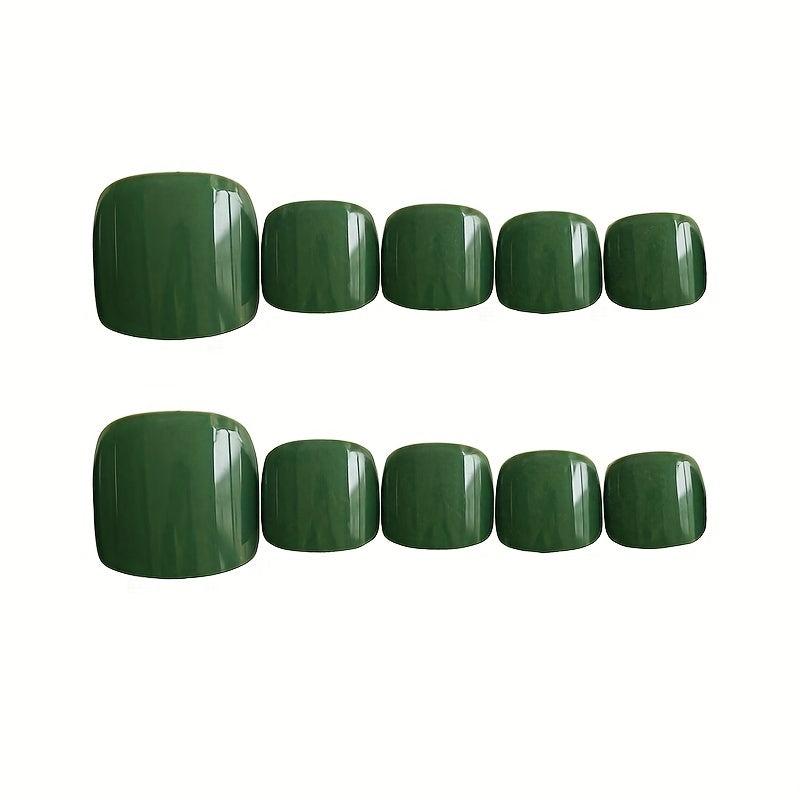 24pcs Green Square Toenail Tips w/ Glue for Lady Foot Nail Art & DIY Manicures