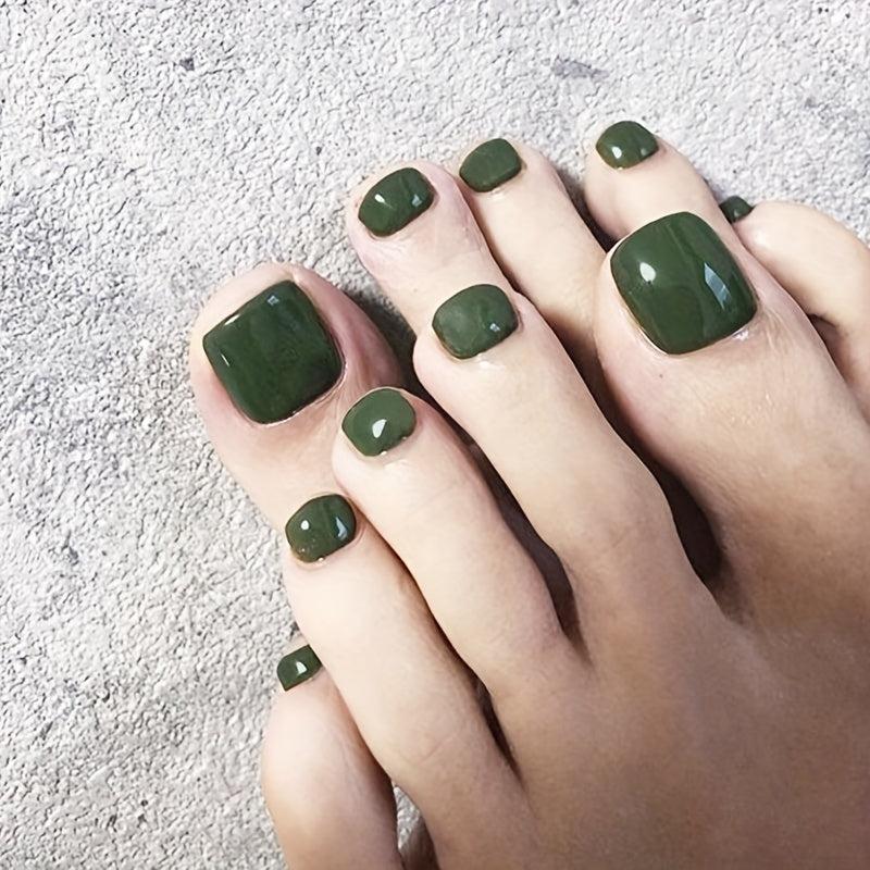 24pcs Green Square Toenail Tips w/ Glue for Lady Foot Nail Art & DIY Manicures
