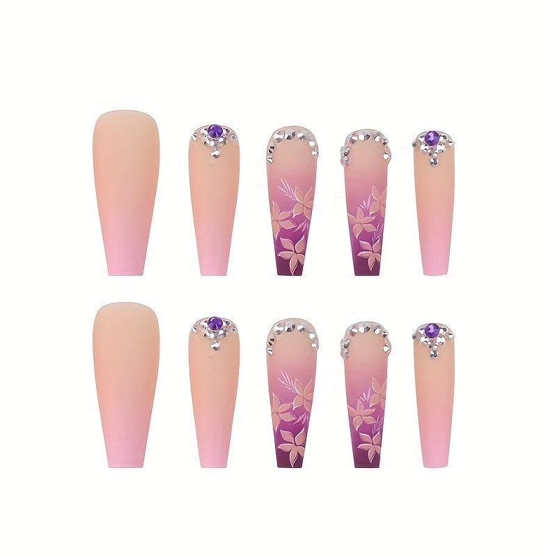 24pcs Pink Flower Gradient Coffin Press On Nails Long Ballerina False Nails