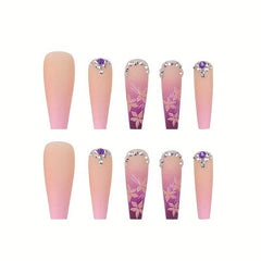 24pcs Pink Flower Gradient Coffin Press On Nails Long Ballerina False Nails