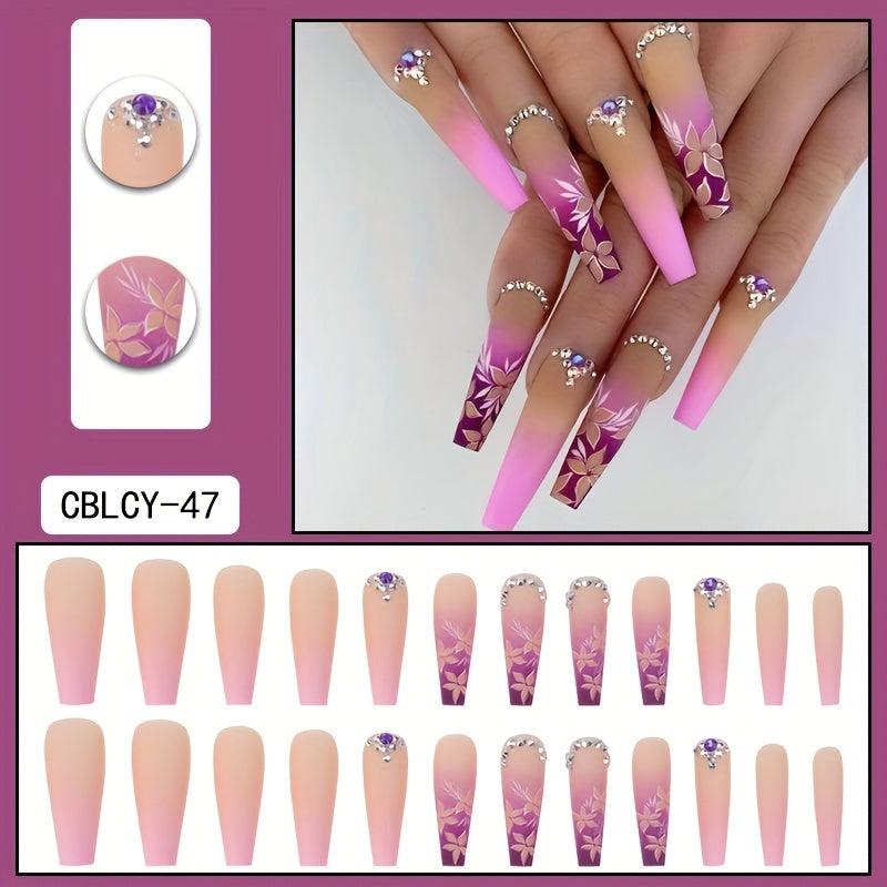 24pcs Pink Flower Gradient Coffin Press On Nails Long Ballerina False Nails