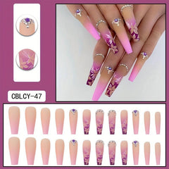 24pcs Pink Flower Gradient Coffin Press On Nails Long Ballerina False Nails