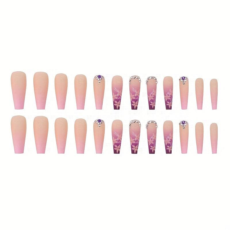 24pcs Pink Flower Gradient Coffin Press On Nails Long Ballerina False Nails