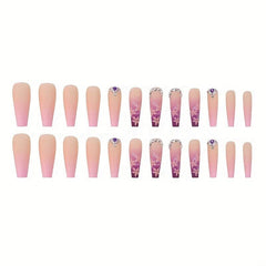 24pcs Pink Flower Gradient Coffin Press On Nails Long Ballerina False Nails