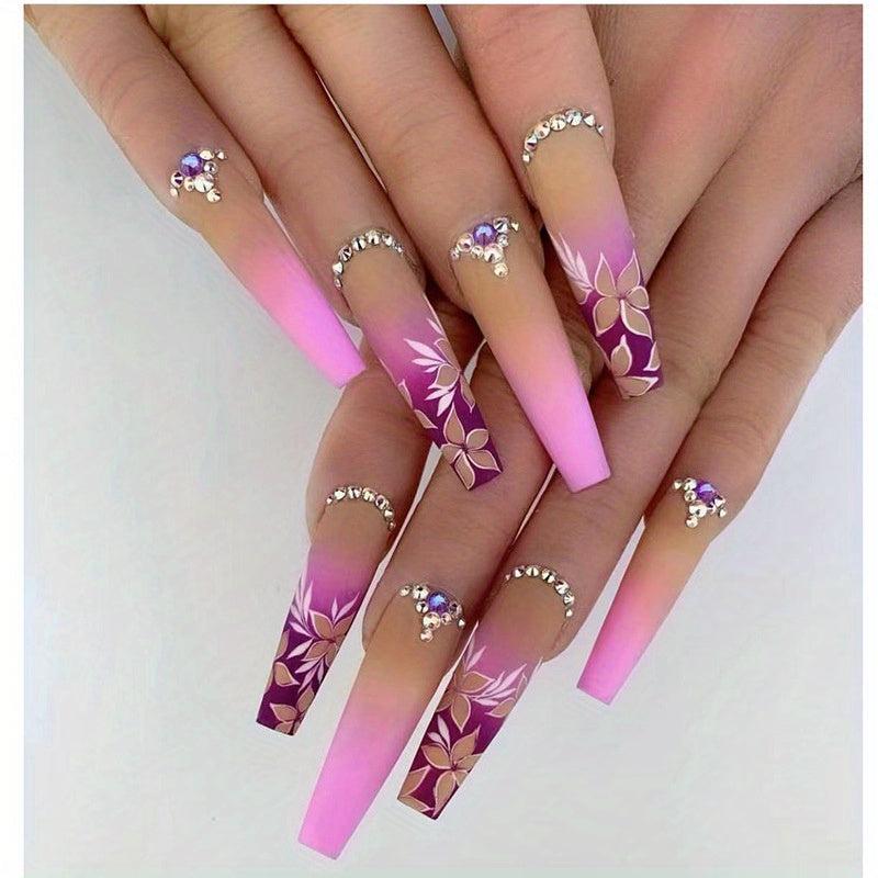 24pcs Pink Flower Gradient Coffin Press On Nails Long Ballerina False Nails