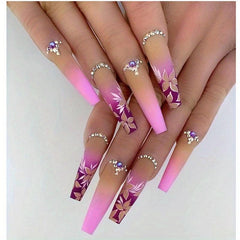 24pcs Pink Flower Gradient Coffin Press On Nails Long Ballerina False Nails
