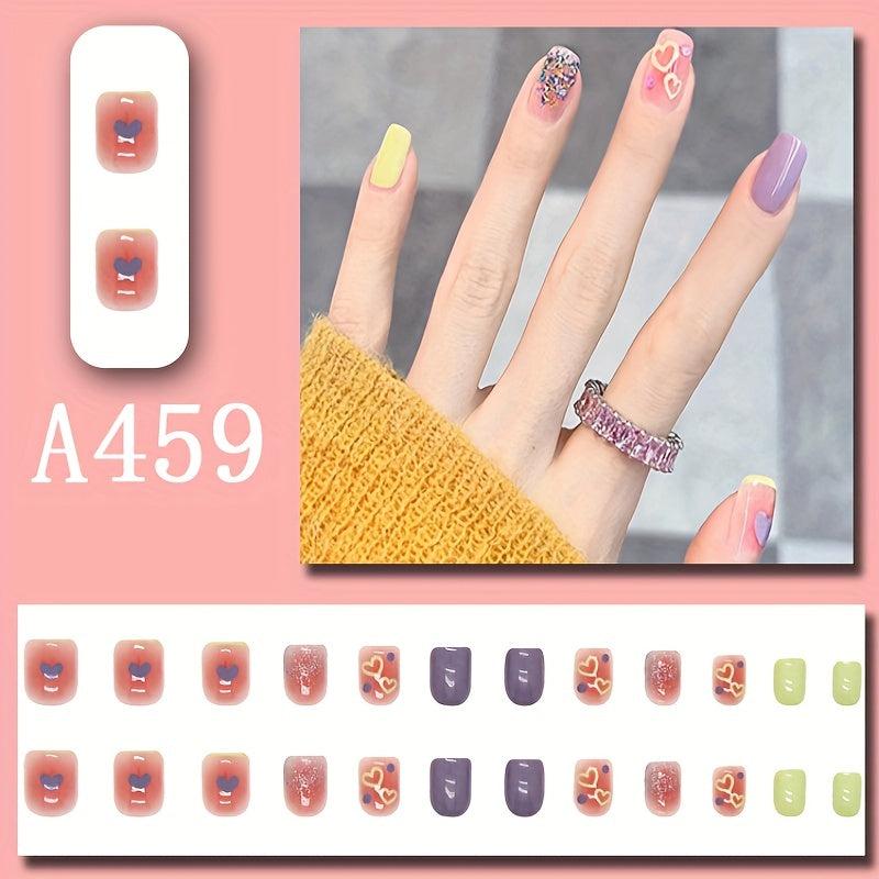 Heart Pattern Coffin Press On Nails Short French Ballerina False Nails