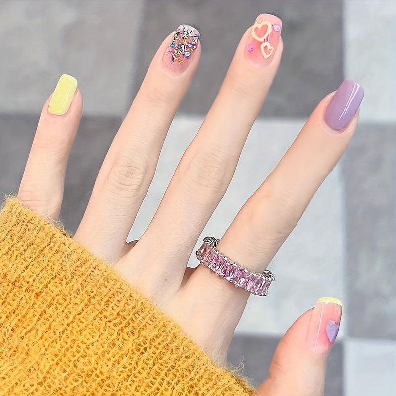 Heart Pattern Coffin Press On Nails Short French Ballerina False Nails