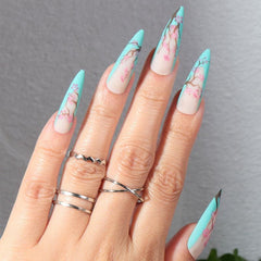 24 pcs Sakura Flower Press On Nails Long Coffin Nails Glue Cherry Fl