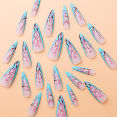 24 pcs Sakura Flower Press On Nails Long Coffin Nails Glue Cherry Fl