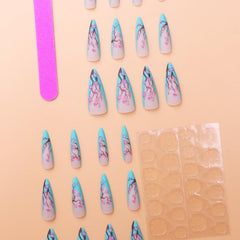 24 pcs Sakura Flower Press On Nails Long Coffin Nails Glue Cherry Fl