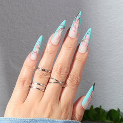 24 pcs Sakura Flower Press On Nails Long Coffin Nails Glue Cherry Fl