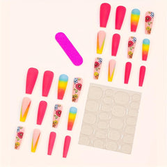 24pcs Gradient Flower Design Press On Nails Long Acrylic False Nails for Women