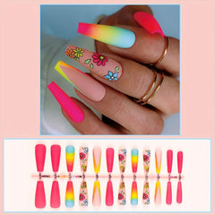 24pcs Gradient Flower Design Press On Nails Long Acrylic False Nails for Women